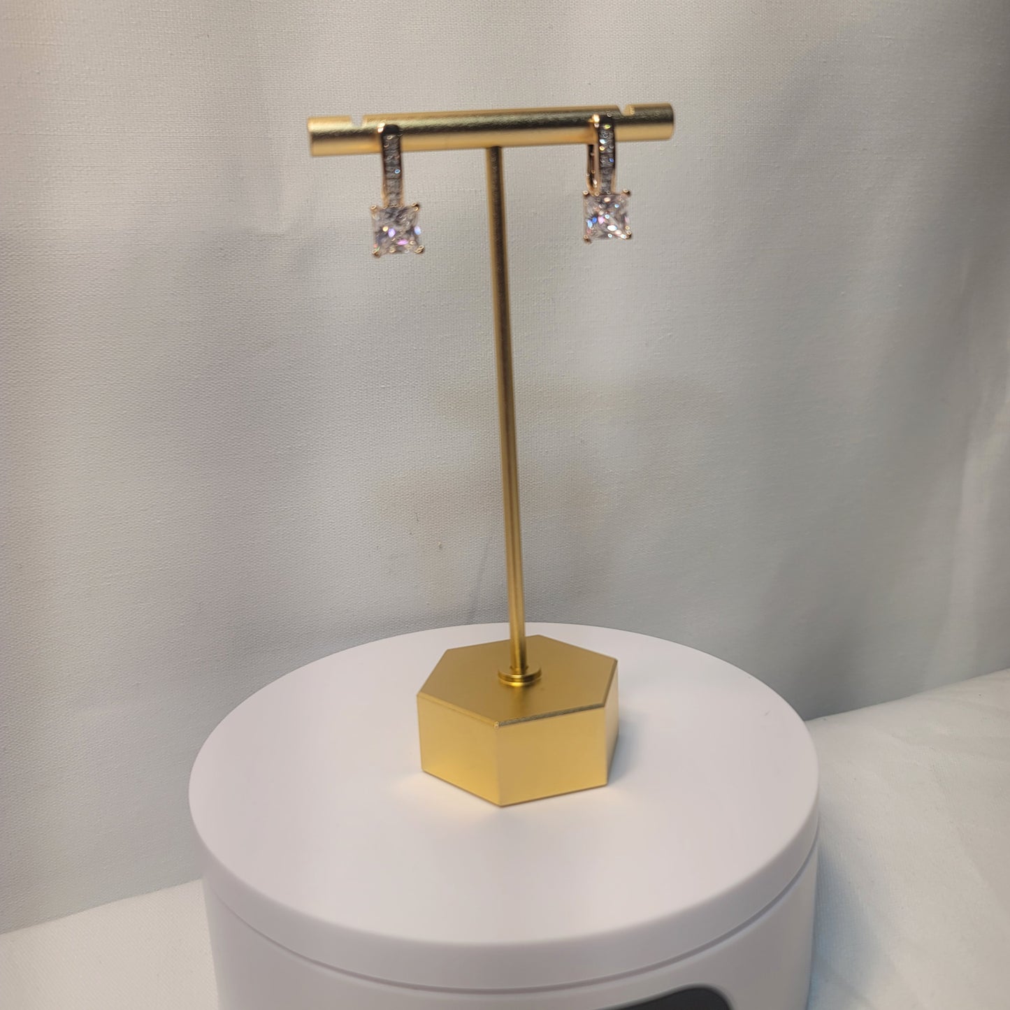 WHITE EMERALD SQUARE DROPS EARRINGS.